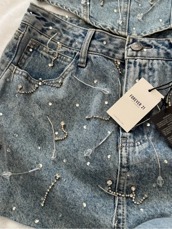 NWT Forever 21 Embellished Denim Corset Top + Mini Skirt Set - Light Blue - Picture 5 of 7